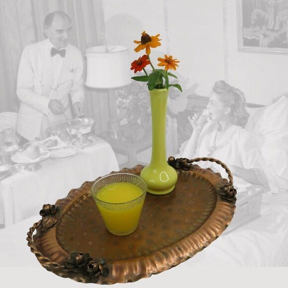 Gregorian Copper Serving Tray Hand Hammered Oval w Applied Flowers Twist Handles - Picture 1 of 10